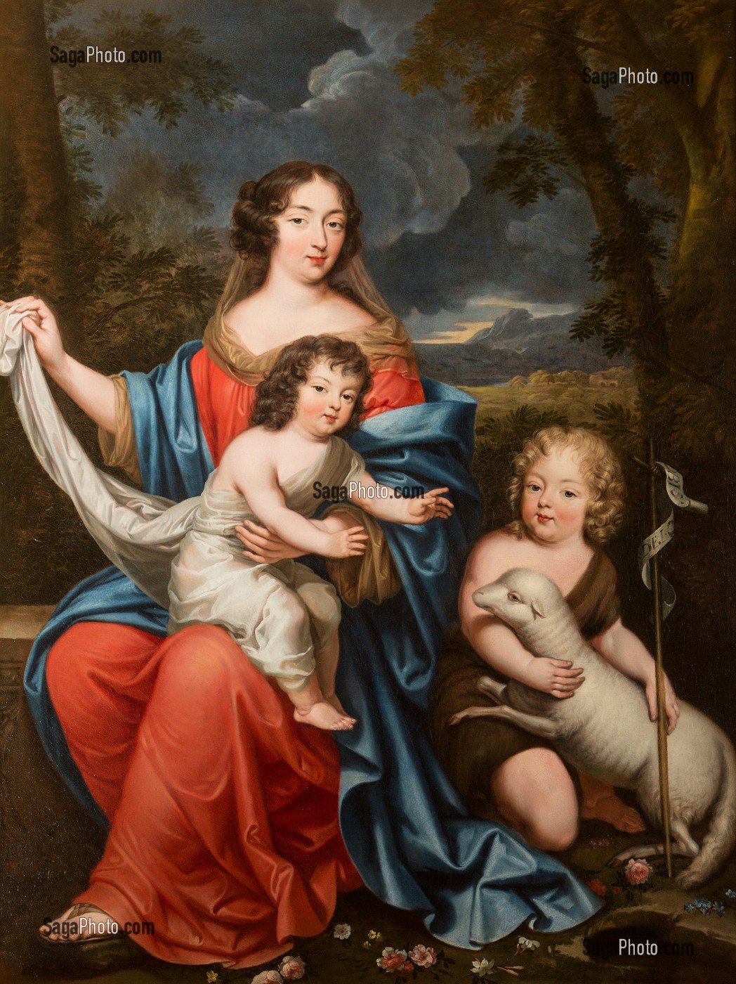 FRANCOISE D'AUBIGNE (1635-1719), FUTURE MADAME DE MAINTENON, AVEC LE DUC DU MAINE ET LE COMTE DE VEXIN, ENFANTS ILLEGITIMES DU ROI LOUIS XIV, TABLEAU DE PIERRE MIGNARD, CHATEAU DE MAINTENON, EURE-ET-LOIR (28), FRANCE 