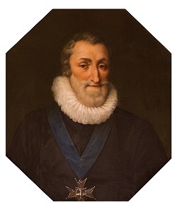PORTRAIT D'HENRI IV (1553-1610), ROI DE FRANCE ET DE NAVARRE, GRAND-PERE DE LOUIS XIV, PEINTURE D'APRES LE TABLEAU DE FRANS POURBUS LE JEUNE, SALON DU ROI, CHATEAU DE MAINTENON, EURE-ET-LOIR (28), FRANCE 