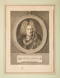 ADRIEN MAURICE DE NOAILLES (1678-1766), MARECHAL DE FRANCE, PROPRIETAIRE DU CHATEAU DE MAINTENON QU'IL RECOIT EN CADEAU DE MARIAGE EN 1698, GRAVURE EXPOSEE DANS LA CHAMBRE DU MARECHAL, CHATEAU DE MAINTENON, EURE-ET-LOIR (28), FRANCE 