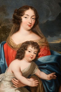 FRANCOISE D'AUBIGNE (1635-1719), FUTURE MADAME DE MAINTENON, AVEC LE DUC DU MAINE (1670-1736), ENFANT ILLEGITIME DU ROI LOUIS XIV, DETAIL DU TABLEAU DE PIERRE MIGNARD, CHATEAU DE MAINTENON, EURE-ET-LOIR (28), FRANCE 