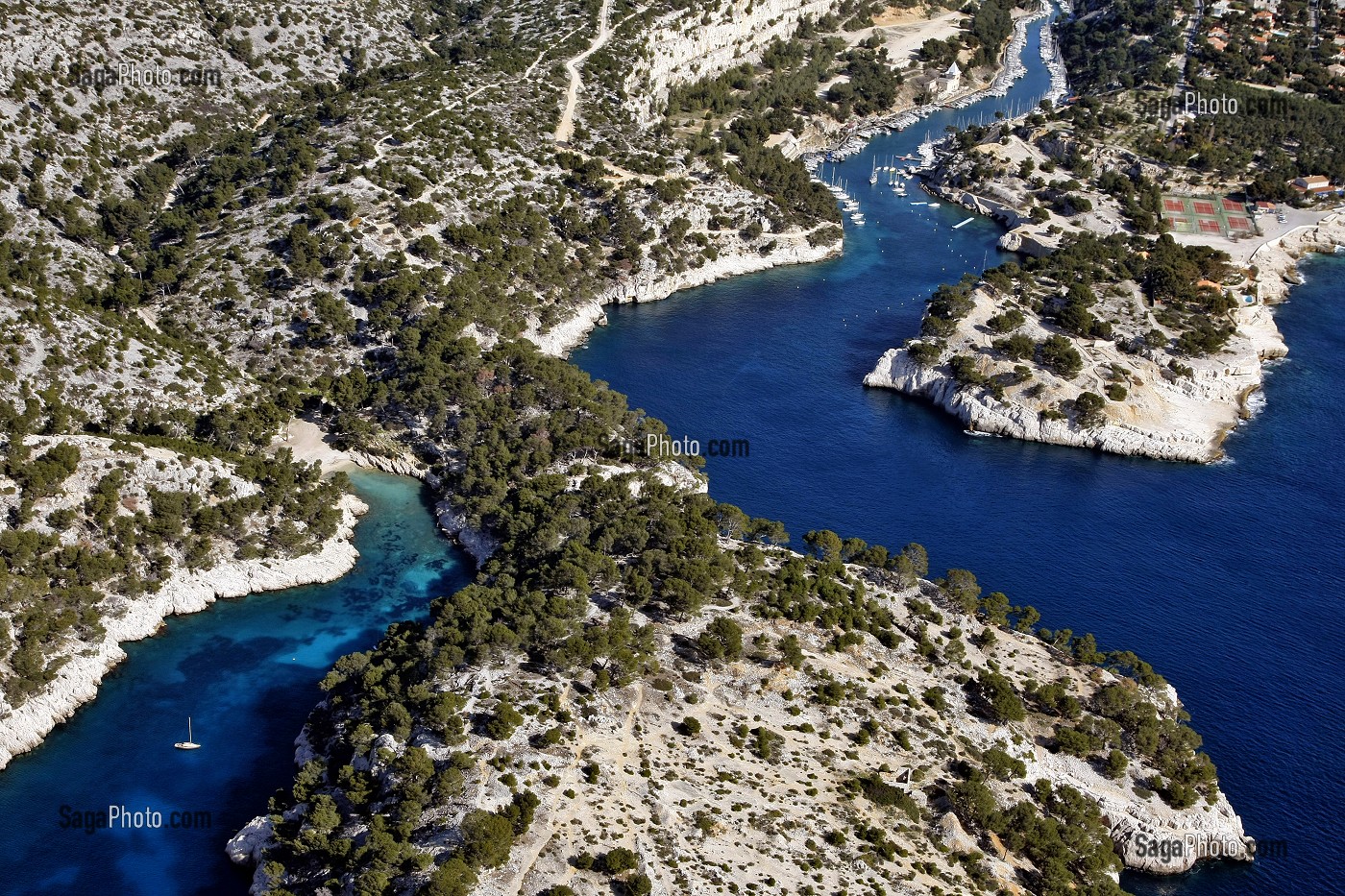 VUE AERIENNE DES CALANQUES DE PORT PIN (PREMIER PLAN) ET DE PORT-MIOU (AU FOND), CASSIS, BOUCHES-DU-RHONE (13), FRANCE 