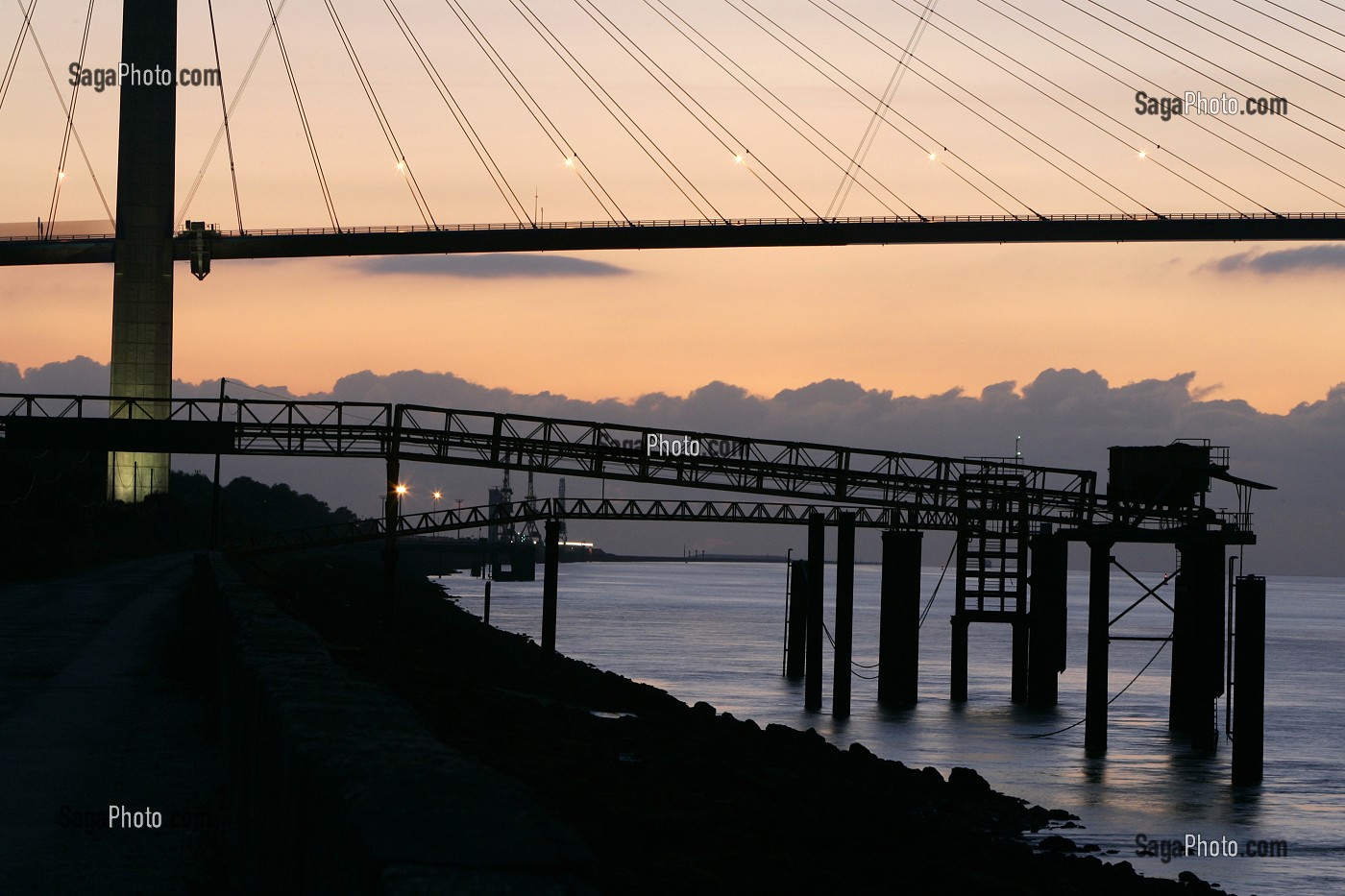 VUE DE NUIT DU PONT DE NORMANDIE QUI ENJAMBE LA SEINE ENTRE HONFLEUR ET LE HAVRE, PONT A HAUBANS DE 2143 METRES DONT 856 ENTRE LE PYLONES, CALVADOS (14), NORMANDIE, FRANCE 