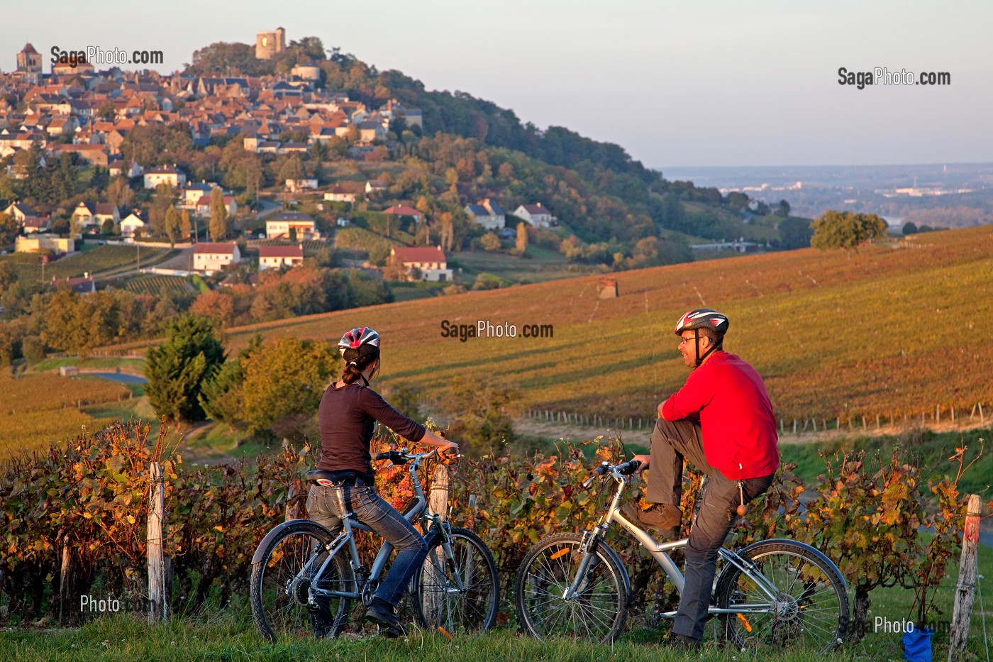 BALADE A VELO DANS LES VIGNES DEVANT LE VILLAGE DE SANCERRE, CHER (18), FRANCE 