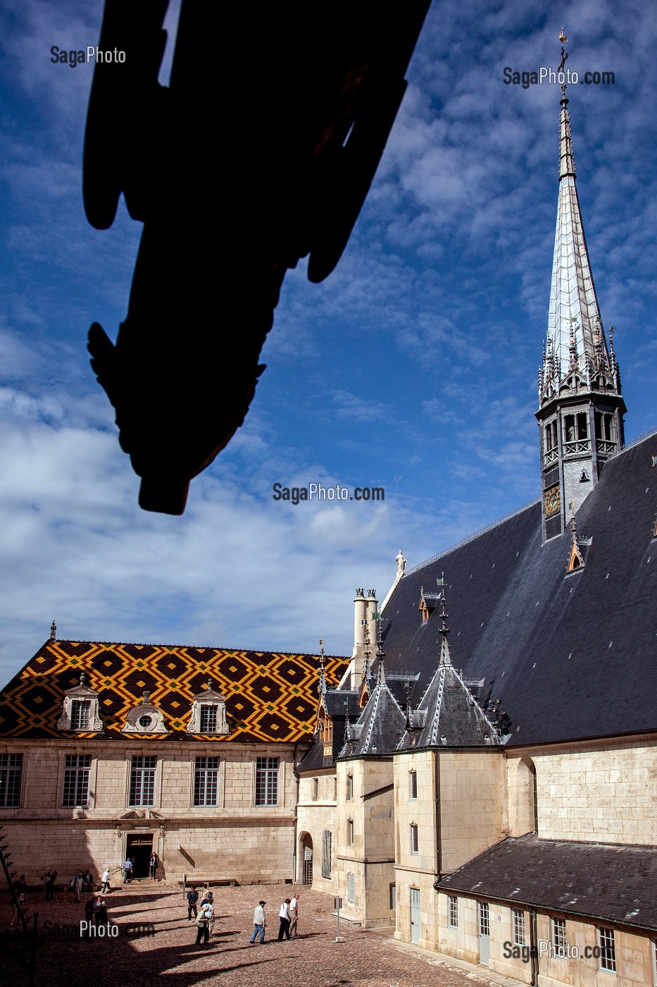 TOIT POLYCHROME ET GARGOUILLE, COUR D'HONNEUR DE L'HOTEL-DIEU, HOSPICES DE BEAUNE, HOPITAL POUR LES PAUVRES EDIFIE AU MOYEN AGE, BEAUNE, COTE D'OR (21), BOURGOGNE, FRANCE 