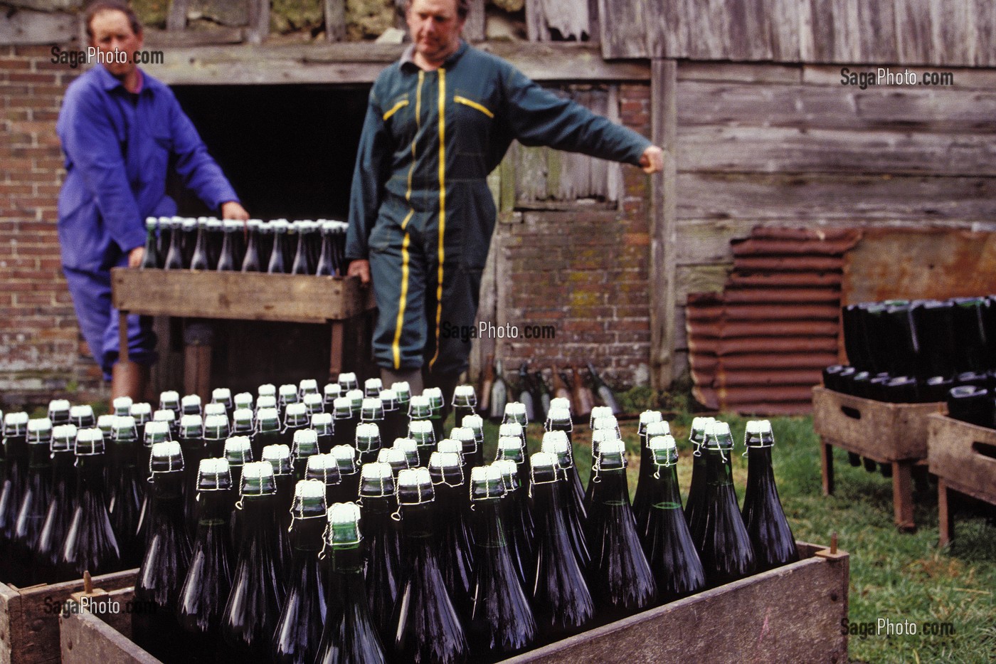 PREPARATION DES BOUTEILLES DE CIDRE BOUCHE A LA FERME, EURE (27), NORMANDIE, FRANCE 