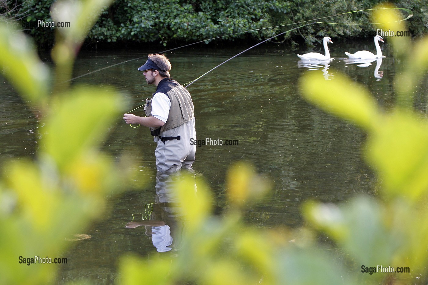 PECHEUR EN ACTION SUR LA RIVIERE L'ITON (GUILLAUME LE GARREC), PARCOURS DE PECHE A LA MOUCHE DU PONT DE LA PHRYGANE, AULNAY-SUR-ITON, EURE (27), NORMANDIE, FRANCE 