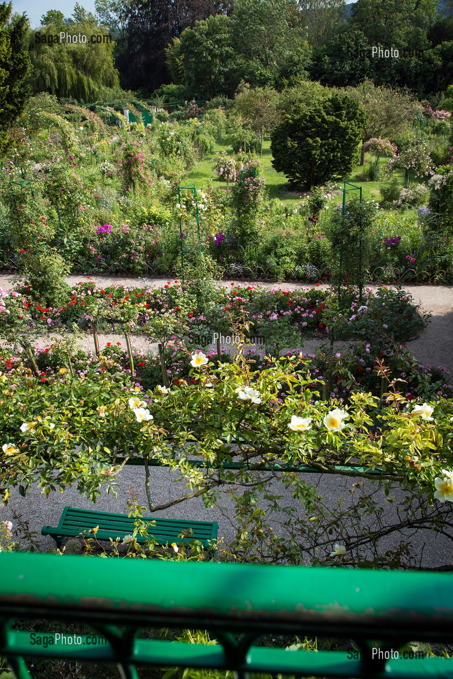 VUE DE LA CHAMBRE DU PEINTRE SUR LE JARDIN DU CLOS NORMAND, MAISON DU PEINTRE IMPRESSIONNISTE CLAUDE MONET, GIVERNY, EURE (27), NORMANDIE, FRANCE 