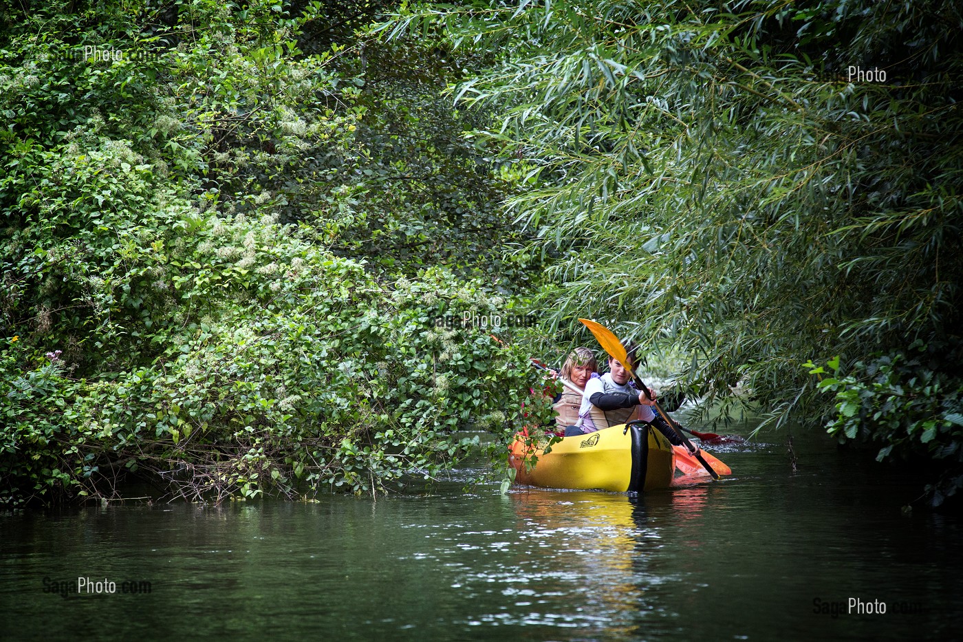 DESCENTE EN FAMILLE, CANOE SUR LA RIVIERE L'EURE, BEAUMONT-LE-ROGER, (27) EURE, FRANCE 