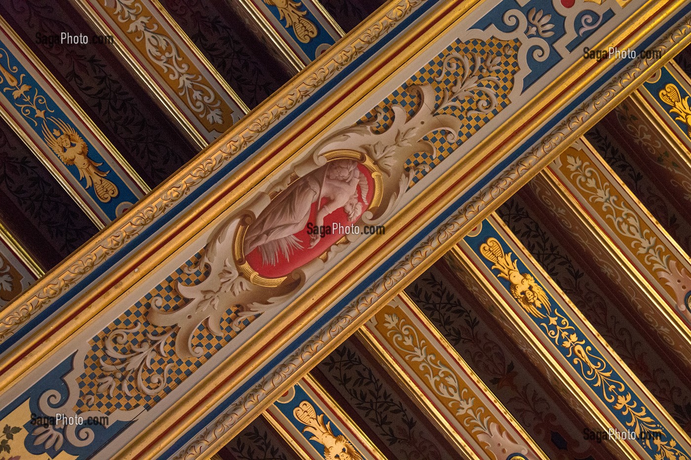DETAIL DU PLAFOND A LA FRANCAISE DECORE, SALON DU ROI, CHAMBRE DU ROI LOUIS XIV, CHATEAU DE MAINTENON, EURE-ET-LOIR (28), FRANCE 