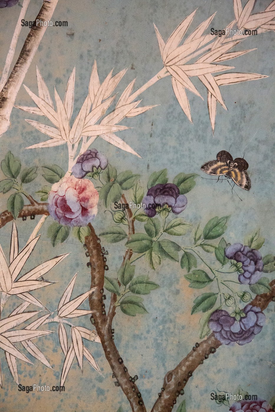 DETAIL DES PAPIERS PEINTS CHINOIS DATES DU 18EME SIECLE, SALON CHINOIS, CHATEAU DE MAINTENON, EURE-ET-LOIR (28), FRANCE 