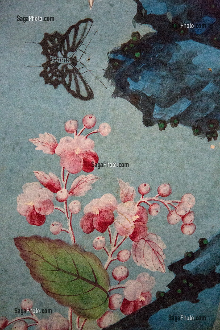 DETAIL DES PAPIERS PEINTS CHINOIS DATES DU 18EME SIECLE, SALON CHINOIS, CHATEAU DE MAINTENON, EURE-ET-LOIR (28), FRANCE 