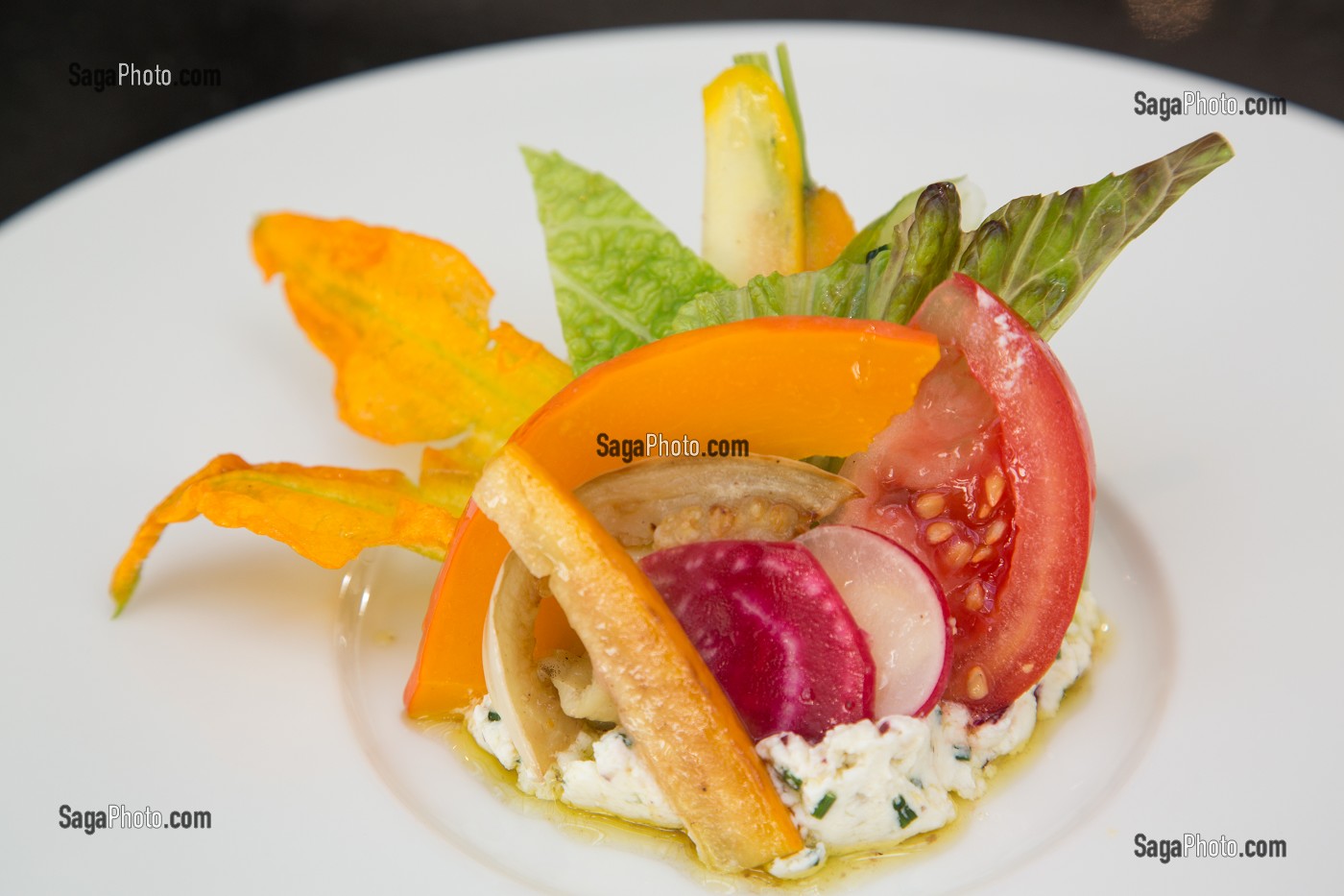 ECRASE DE CHEVRE AUX PETITS LEGUMES BIO PRIMEURS, PLAT CUISINE PAR LAURENT CLEMENT, CHEF ETOILE DU RESTAURANT LE GRAND MONARQUE, CHARTRES, EURE-ET-LOIR (28), FRANCE 