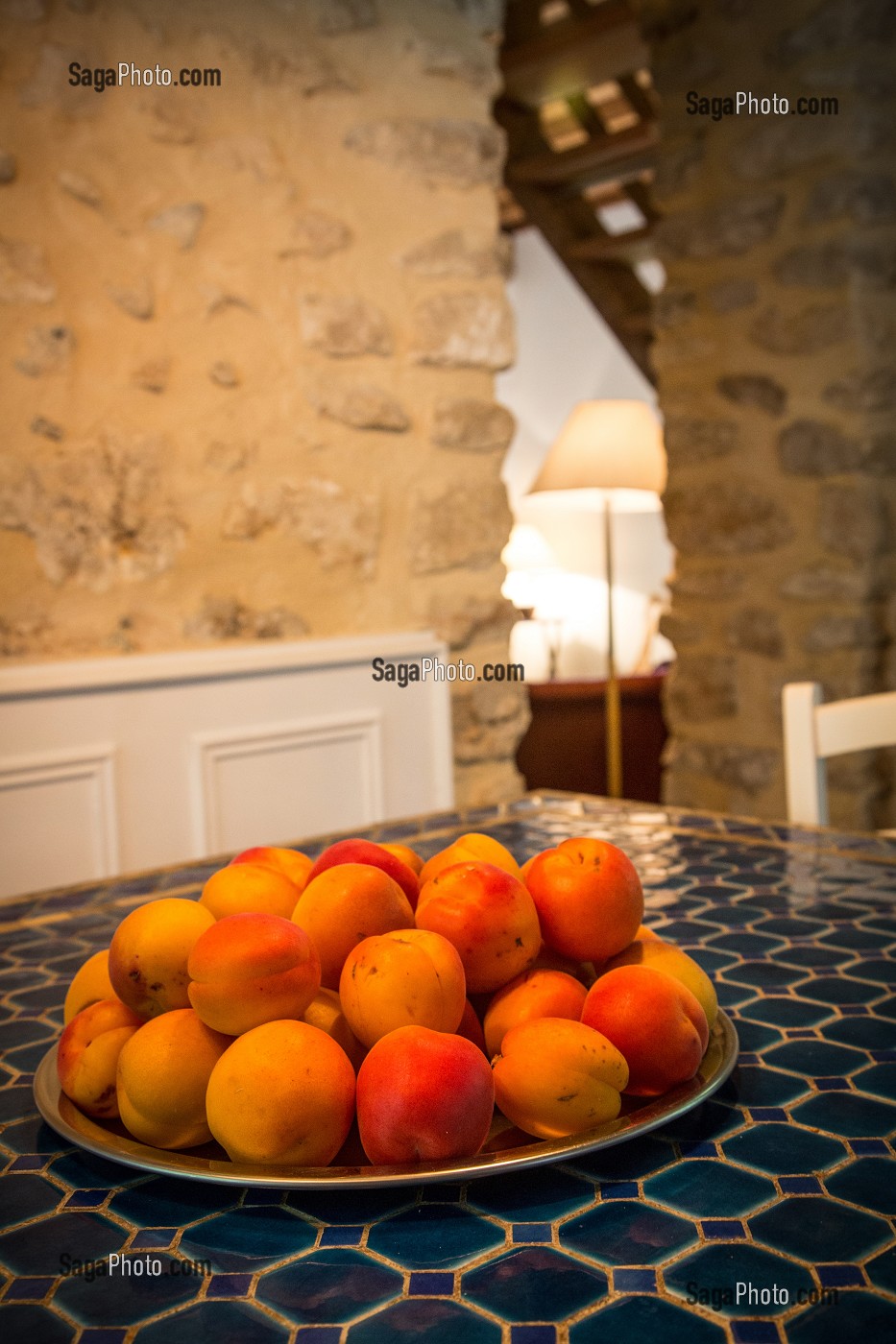 PLAT D'ABRICOTS, CUISINE DU GITE DE LA GRANGE A PAIN DANS LE PARC DE L'ANCIEN PRIEURE DE BOUCHE D'AIGRE, ROMILLY-SUR-AIGRE, EURE-ET-LOIR (28), FRANCE 
