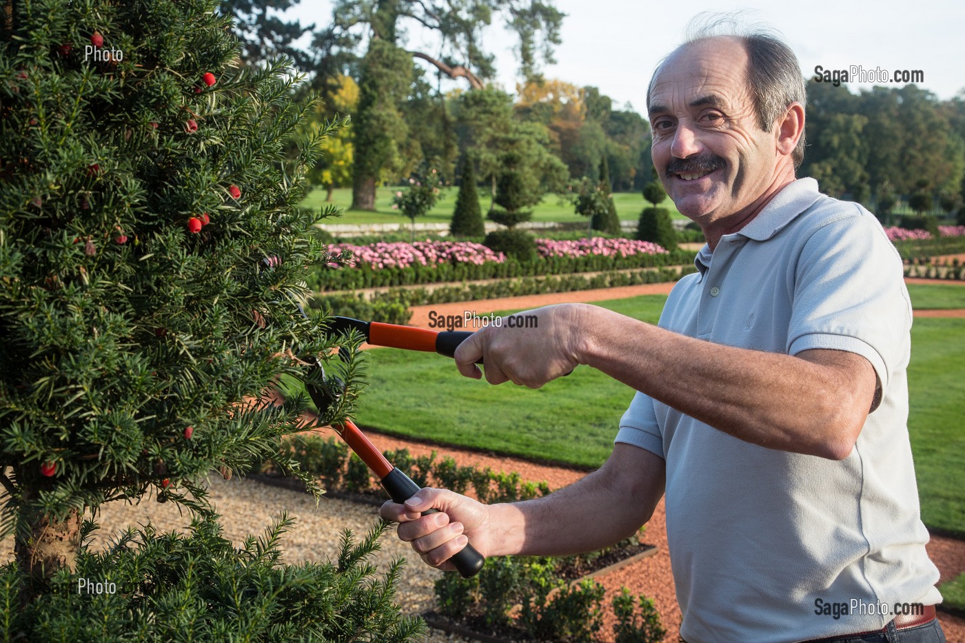 GILLES LOISEAU, RESPONSABLE DU SERVICE ESPACES VERTS DU CONSEIL GENERAL, DANS LE JARDIN LE NOTRE DU CHATEAU DE MAINTENON, EURE-ET-LOIR (28), FRANCE 