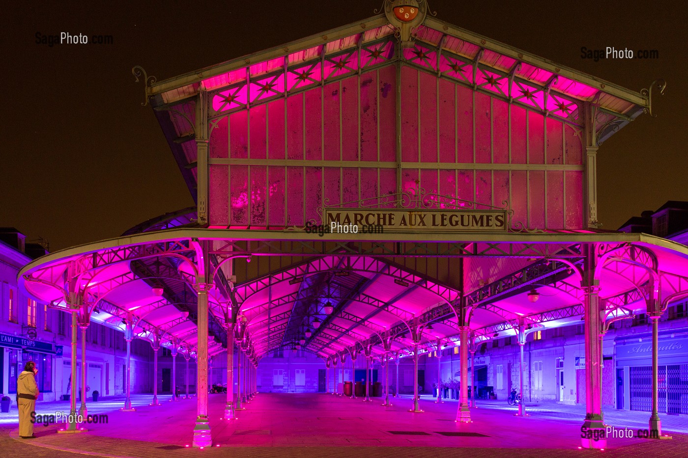 HALLE DE STYLE BALTARD DU MARCHE AUX LEGUMES DE LA PLACE BILLARD, ECLAIRAGE PUBLIC DE NUIT AUX LEDS, CHARTRES, EURE-ET-LOIR (28), FRANCE 