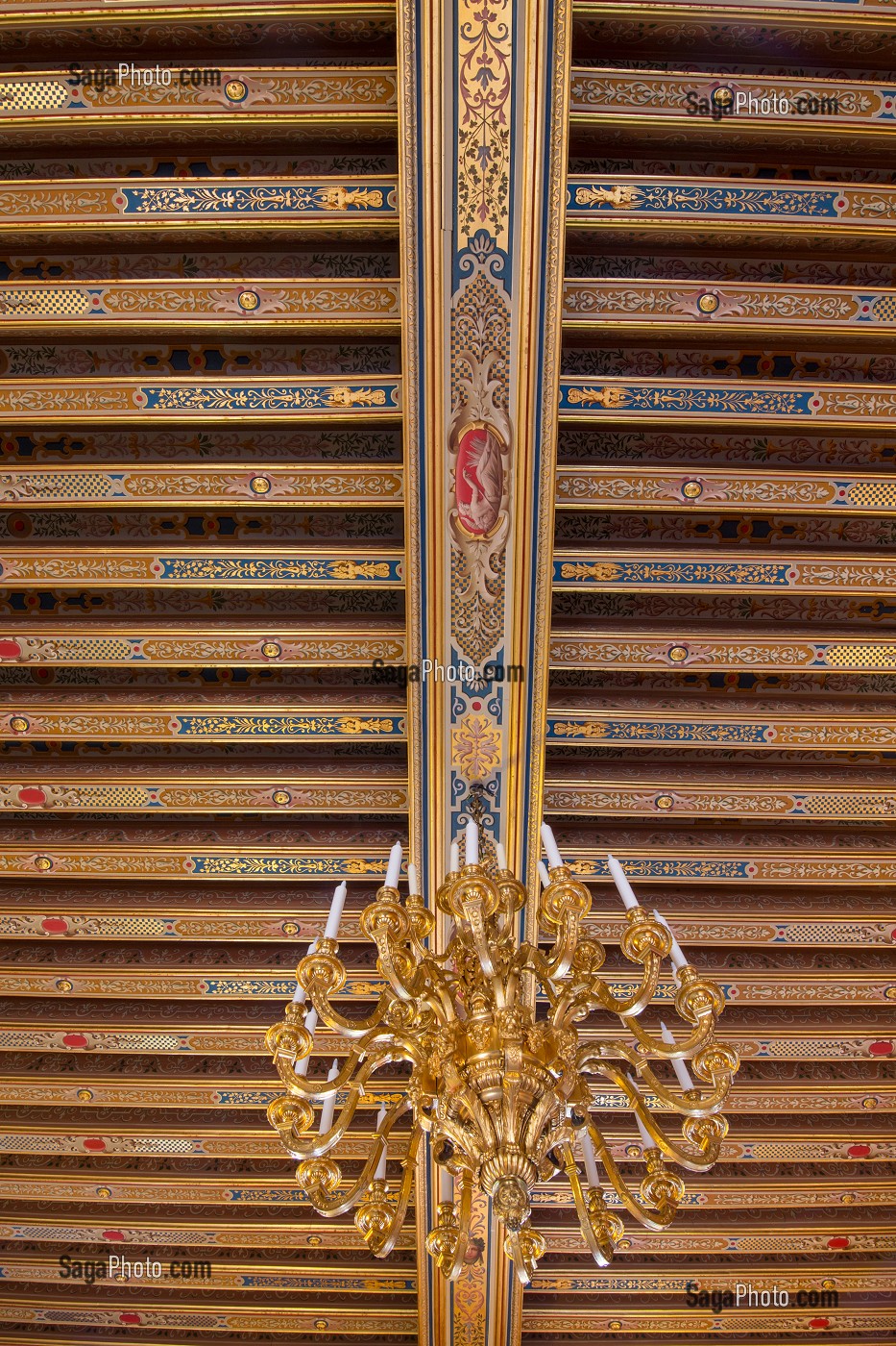 LUSTRE AUX DAUPHINS LOUIS XIV EN BRONZE DORE ET PLAFOND A LA FRANCAISE DECORE, SALON DU ROI, CHAMBRE DU ROI LOUIS XIV, CHATEAU DE MAINTENON, EURE-ET-LOIR (28), FRANCE 