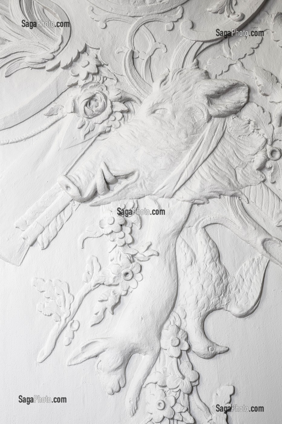 DETAIL DES BOISERIES REGENCE A TROPHEES DE CHASSE DU CHATEAU DE MAULNY, PASSAGE DES BOISERIES, CHATEAU DE MAINTENON, EURE-ET-LOIR (28), FRANCE 