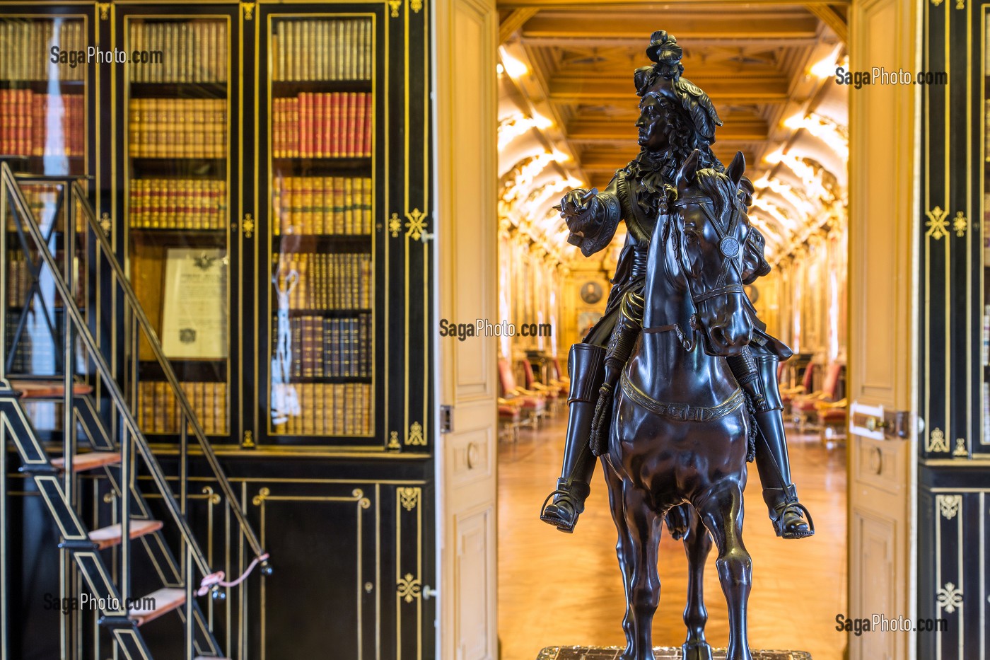 STATUE EQUESTRE EN BRONZE DU ROI DE FRANCE LOUIS XIV DANS LA BIBLIOTHEQUE, CHATEAU DE MAINTENON, EURE-ET-LOIR (28), FRANCE 