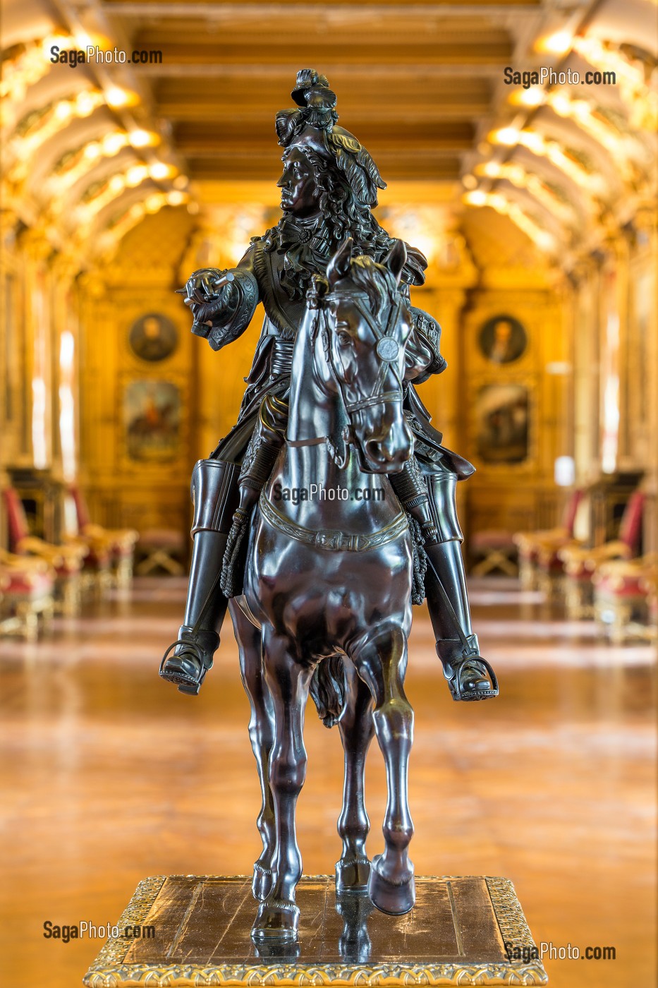 STATUE EQUESTRE EN BRONZE DU ROI DE FRANCE LOUIS XIV DANS LA BIBLIOTHEQUE, CHATEAU DE MAINTENON, EURE-ET-LOIR (28), FRANCE 