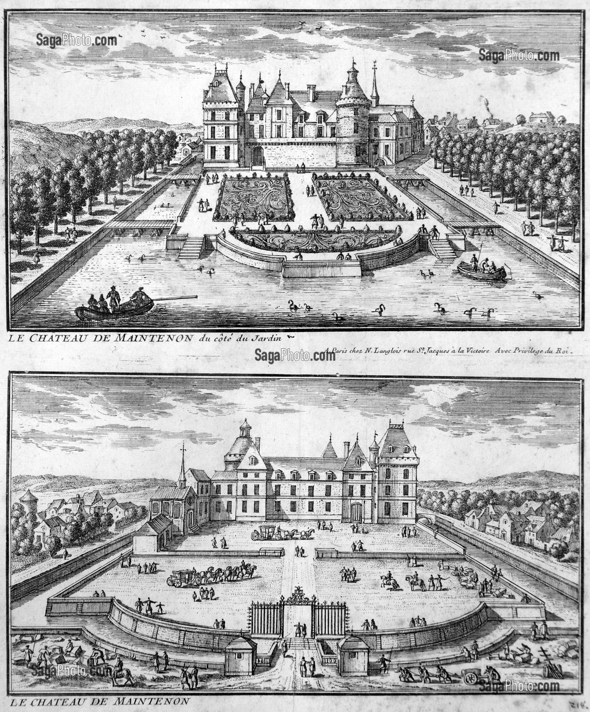 GRAVURE DU XVII EME SIECLE REPRESENTANT LES FACADES DU CHATEAU COTE JARDIN ET COTE COUR D'ENTREE, CHATEAU DE MAINTENON, EURE-ET-LOIR (28), FRANCE 