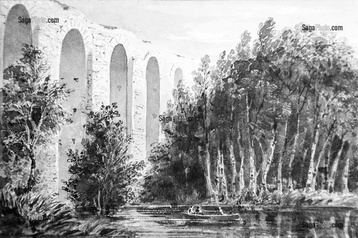 GRAVURE DE L'AQUEDUC DE MAINTENON, EURE-ET-LOIR (28), FRANCE, MENTION OBLIGATOIRE : COLLECTION RAINDRE/NOAILLES 