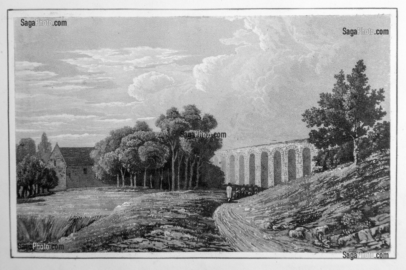GRAVURE DE L'AQUEDUC DE MAINTENON, EURE-ET-LOIR (28), FRANCE, MENTION OBLIGATOIRE : COLLECTION RAINDRE/NOAILLES 