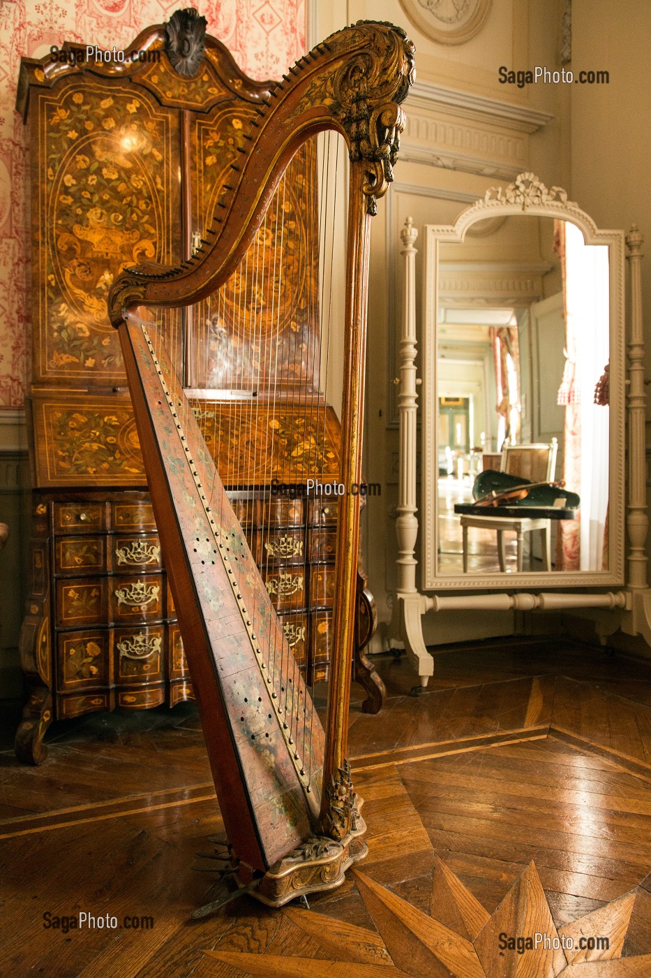LE BOUDOIR OU CABINET DE MUSIQUE AVEC LA HARPE DE LA GRAND-MERE, DOMAINE GEORGE SAND, LA VALLEE NOIRE ET LE ROMANTISME DE GEORGE SAND DANS LE BERRY, NOHANT-VIC (36), FRANCE 