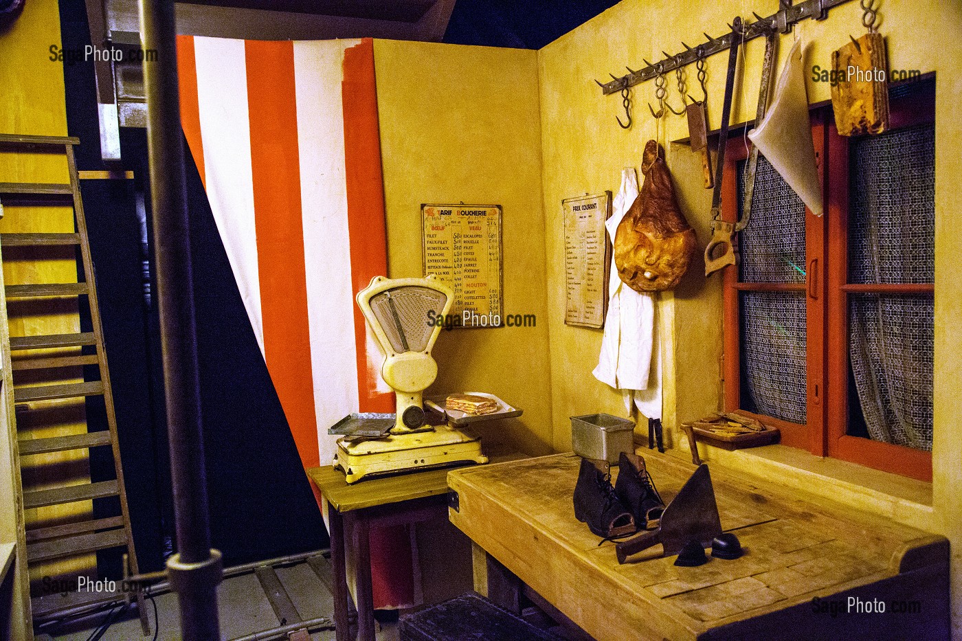 RECONSTITUTION DE LA BOUCHERIE ET MAISON DE JOUR DE FETE EN HOMMAGE AU FILM TOURNE DANS LE VILLAGE PAR JACQUES TATI, SAINTE-SEVERE-SUR-INDRE (36), FRANCE 