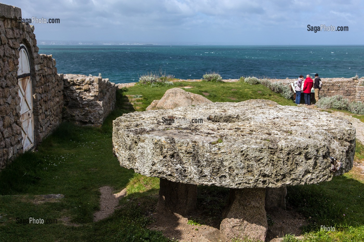 MEULE EN PIERRE SERVANT A MOUDRE LE GRAIN, FORT DU CAP LEVI ERIGE AU 19EME SIECLE SOUS NAPOLEON BONAPARTE ET REHABILITE AUJOURD'HUI EN CHAMBRES D'HOTES, PAYSAGE LITTORAL AVEC DES GENETS EN FLEURS, FERMANVILLE, MANCHE (50), FRANCE 