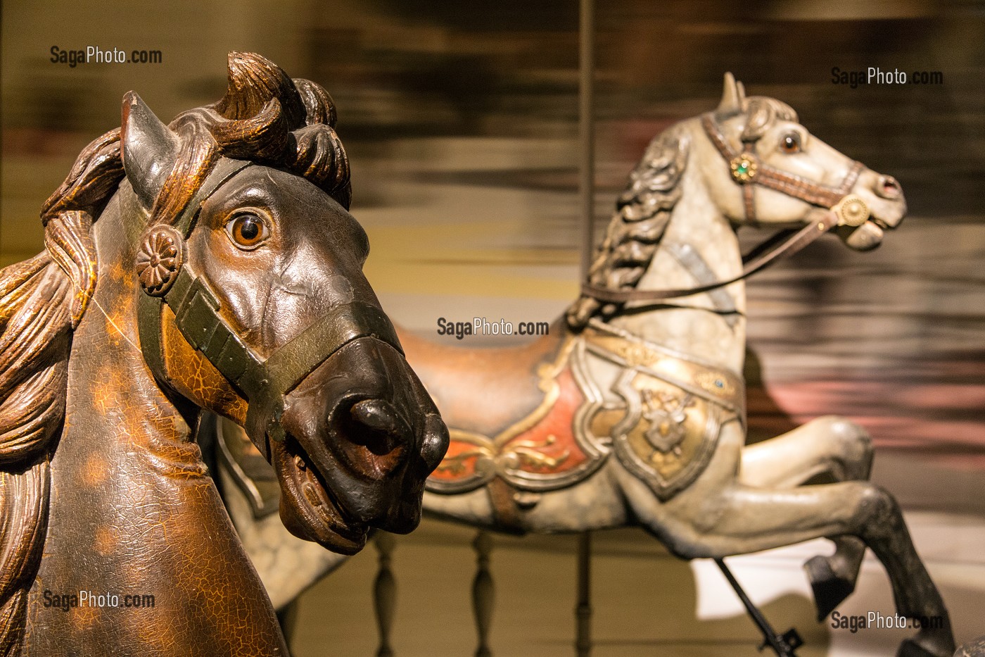 CHEVAL DE MANEGE OU CHEVAUX DE CARROUSEL EN BOIS SCULPTE, NOUVEAU MUSEE DU CHEVAL, OUVERT EN 2013, AMENAGE DANS LES GRANDES ECURIES DU DOMAINE DU CHATEAU DE CHANTILLY, OISE (60), FRANCE 