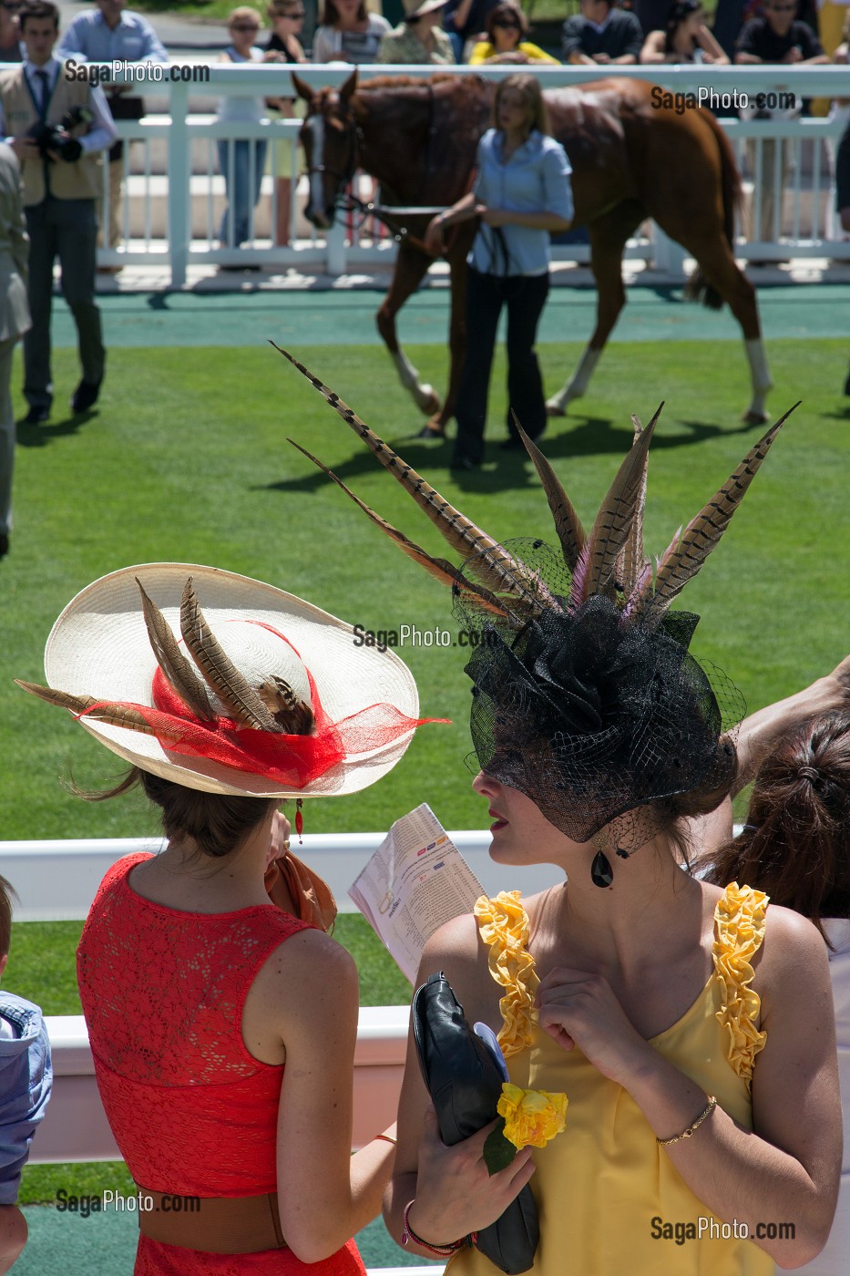 PUBLIC CHIC ET ELEGANT, COIFFE DE CHAPEAUX, AU ROND DE PRESENTATION DES CHEVAUX, COURSE HIPPIQUE DU PRIX DE DIANE LONGINES 2013, HIPPODROME DE CHANTILLY, OISE (60), FRANCE 