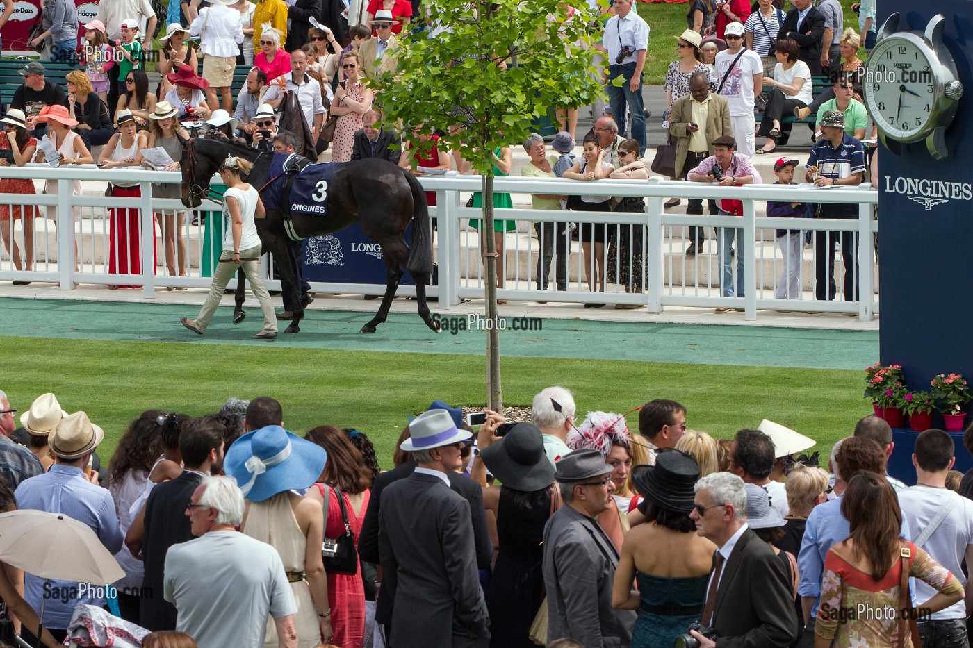 PUBLIC CHIC ET ELEGANT, COIFFE DE CHAPEAUX, AU ROND DE PRESENTATION DES CHEVAUX, COURSE HIPPIQUE DU PRIX DE DIANE LONGINES 2013, HIPPODROME DE CHANTILLY, OISE (60), FRANCE 