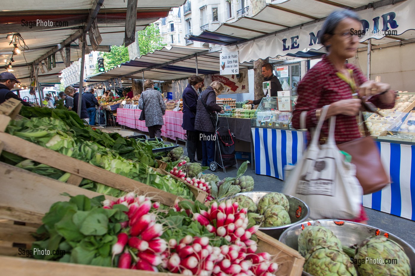 ETALAGE DE LEGUMES BIOS (RADIS, ARTICHAUTS), MARCHE BIOLOGIQUE, BOULEVARD RASPAIL, 6EME ARRONDISSEMENT, PARIS, FRANCE 