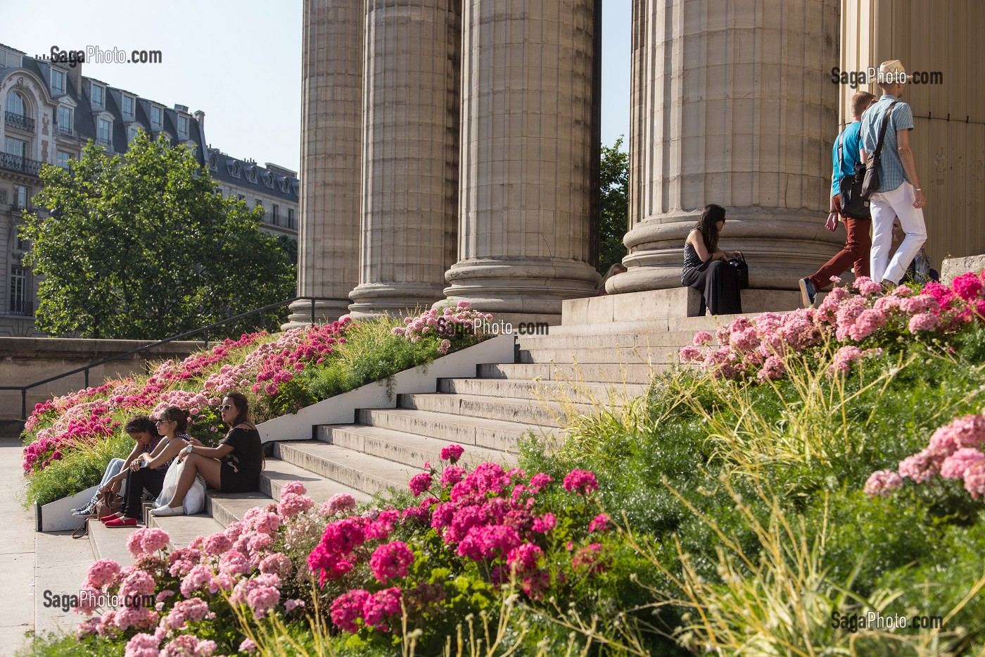 DETENTE AU SOLEIL SUR LES MARCHES FLEURIES D'HORTENSIAS, EGLISE DE LA MADELEINE, PLACE DE LA MADELEINE, PARIS (75), FRANCE 