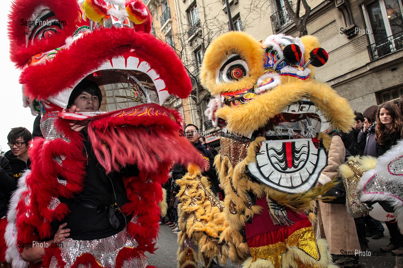 DANSE CHINOISE DU LION PROTECTEUR, IL ECARTE LES GENIES MALFAISANT, MYTHOLOGIE CHINOISE, NOUVELLE ANNEE, NOUVEL AN CHINOIS, DEFILE A PARIS CELEBRANT L'ENTREE DANS L'ANNEE DU TIGRE, PARIS (75), 13 EME ARRONDISSEMENT 