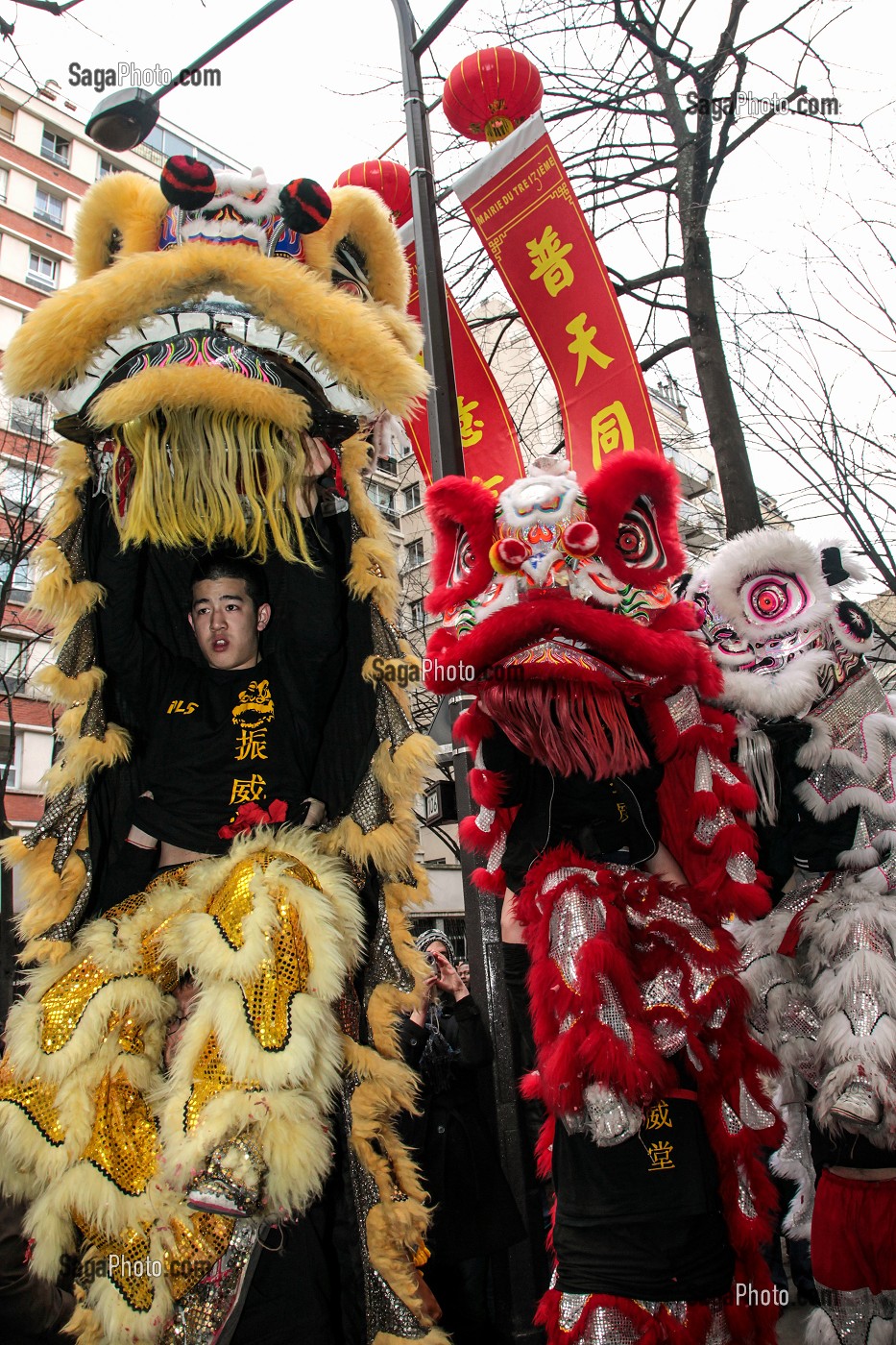 DANSE CHINOISE DU LION PROTECTEUR, IL ECARTE LES GENIES MALFAISANT, MYTHOLOGIE CHINOISE, NOUVELLE ANNEE, NOUVEL AN CHINOIS, DEFILE A PARIS CELEBRANT L'ENTREE DANS L'ANNEE DU TIGRE, PARIS (75), 13 EME ARRONDISSEMENT 
