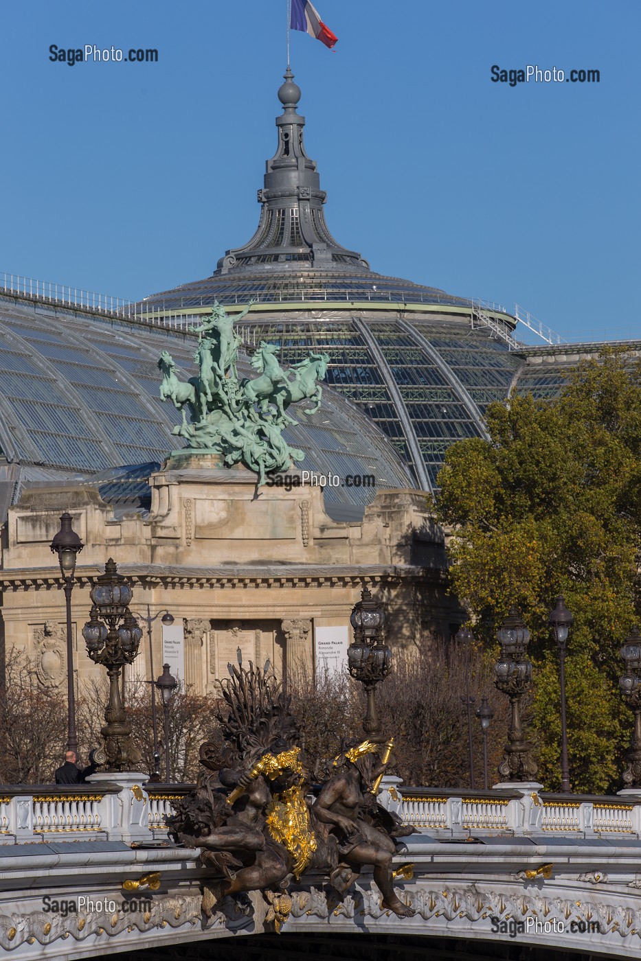 EN ARRIERE-PLAN, SCULPTURE DE L'HARMONIE TRIOMPHANT DE LA DISCORDE ET NYMPHES DE LA NEVA, DETAIL DU PONT ALEXANDRE III QUI RELIE L'ESPLANADE DES INVALIDES A L'AVENUE W. CHURCHILL, IL FUT CONSTRUIT POUR L'EXPOSITION UNIVERSELLE DE 1900, 8 EME ARRONDISSEMENT, PARIS (75), ILE-DE-FRANCE, FRANCE 