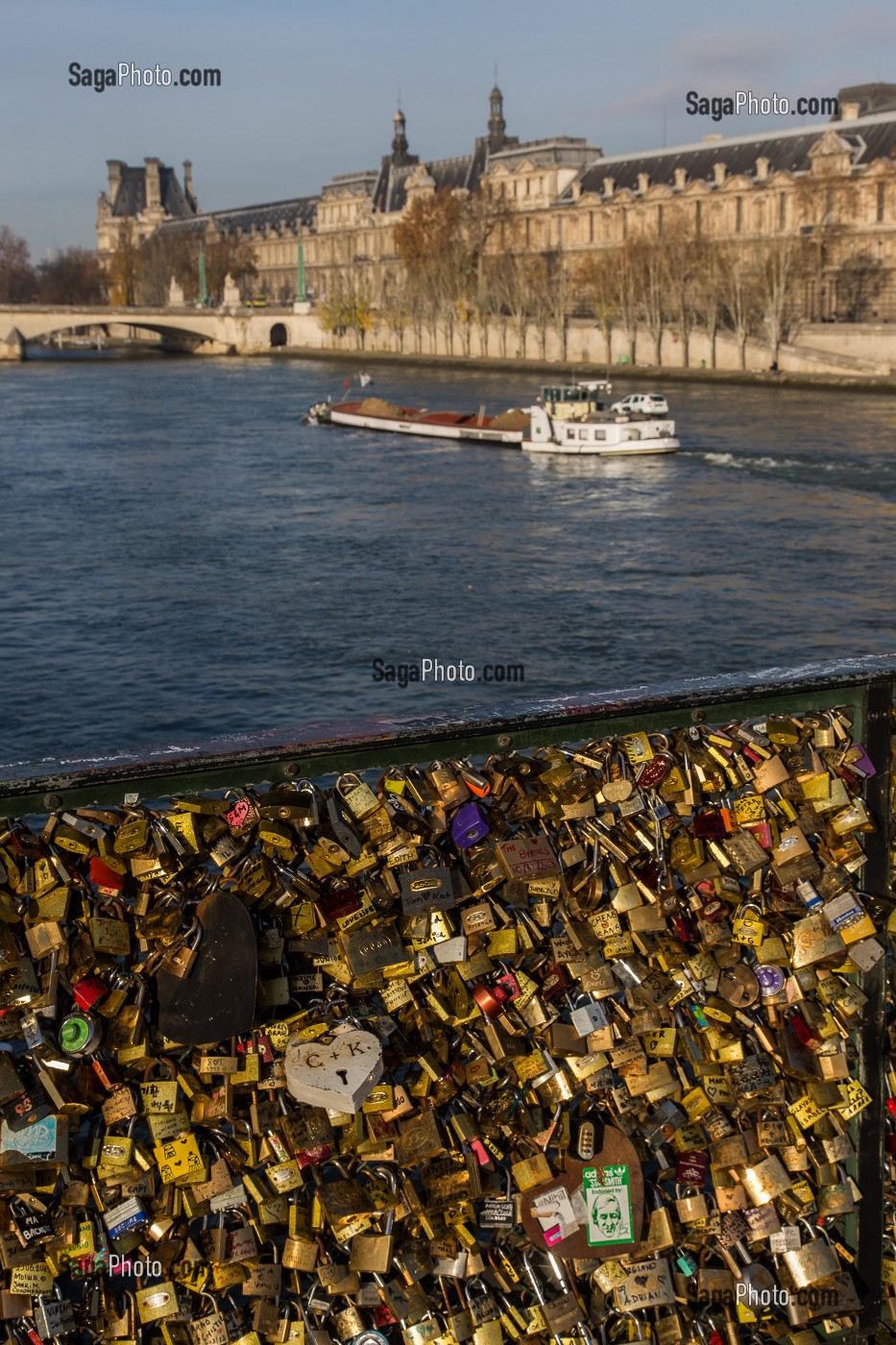 LE PONT DES ARTS, RELIE LES QUAIS MALAQUAIS ET CONTI AU NIVEAU DE L'INSTITUT DE FRANCE, AUX QUAIS FRANCOIS MITTERRAND ET AU LOUVRE, IL EST REPUTE POUR LES CADENAS D'AMOUR QUI RECOUVRENT LA REMBARDE, PARIS (75), ILE-DE-FRANCE, FRANCE 