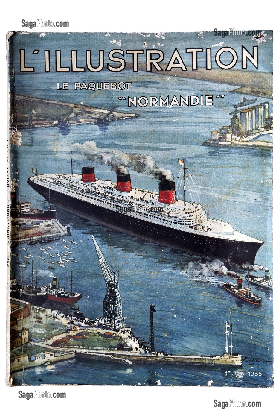 COUVERTURE DE L'ILLUSTRATION AVEC LE PAQUEBOT 'LE NORMANDIE' EN 1935, MAGASIN D'ANTIQUITES MARINE 'LES TRANSATLANTIQUES', LE HAVRE, SEINE-MARITIME (76), NORMANDIE, FRANCE 