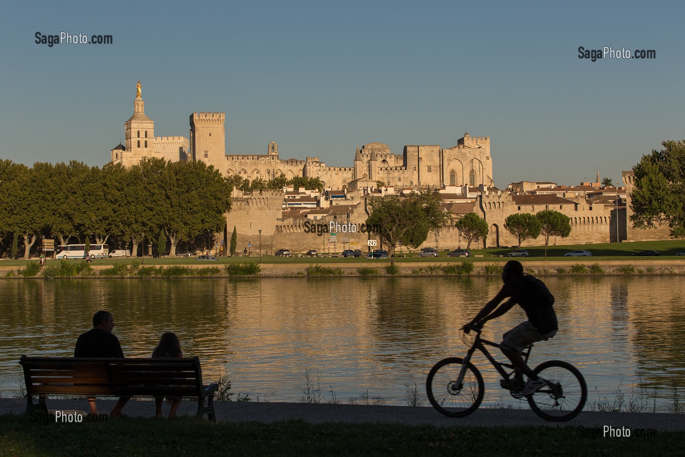 CLOCHER DE LA CATHEDRALE NOTRE DAME DES DOMS, PALAIS DES PAPES ET REMPARTS AU BORD DU PETIT RHONE, VILLE D'AVIGNON APPELEE CITE DES PAPES ET CLASSEE AU PATRIMOINE MONDIAL DE L'UNESCO, VAUCLUSE (84), FRANCE 