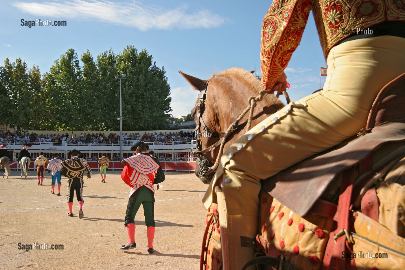 CORRIDA DE TOROS, TAUREAU DE COMBAT CROISES CAMARGUE - ESPAGNOL, ARENE DE SAINT GILLES, MISE A MORT, TOREADOR, PICADOR A CHEVAL, GARD (30) 