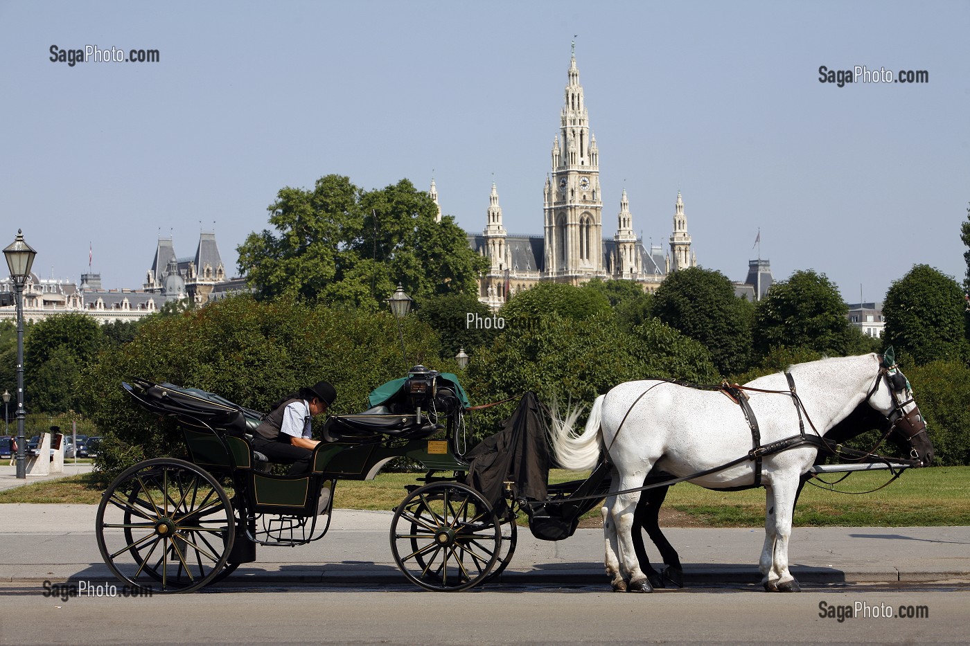CALECHE A HELDENPLATZ ET RATHAUS EN ARRIERE PLAN, VIENNE, AUTRICHE 
