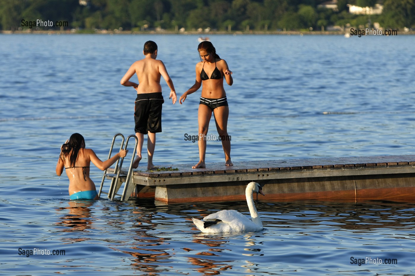 BAIGNADE ET DETENTE SUR LA PLAGE DES BAINS DES PAQUIS SUR LE LAC LEMAN, GENEVE, SUISSE 