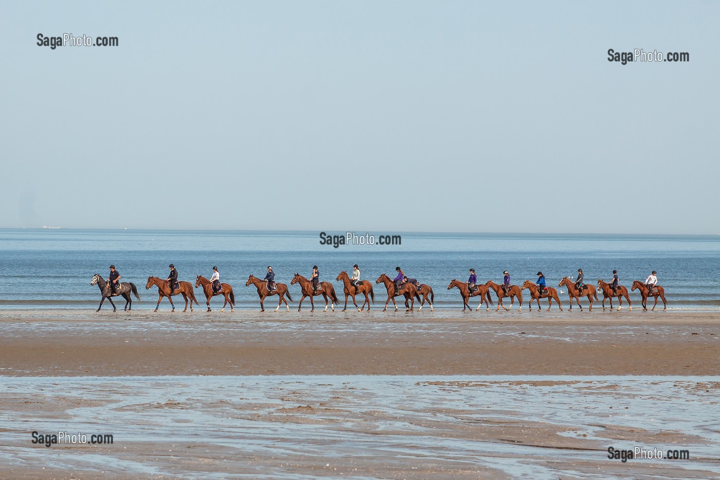 SORTIE A CHEVAL SUR LA PLAGE DE DEAUVILLE A MAREE BASSE, MER, DEAUVILLE, CALVADOS, NORMANDIE, FRANCE 