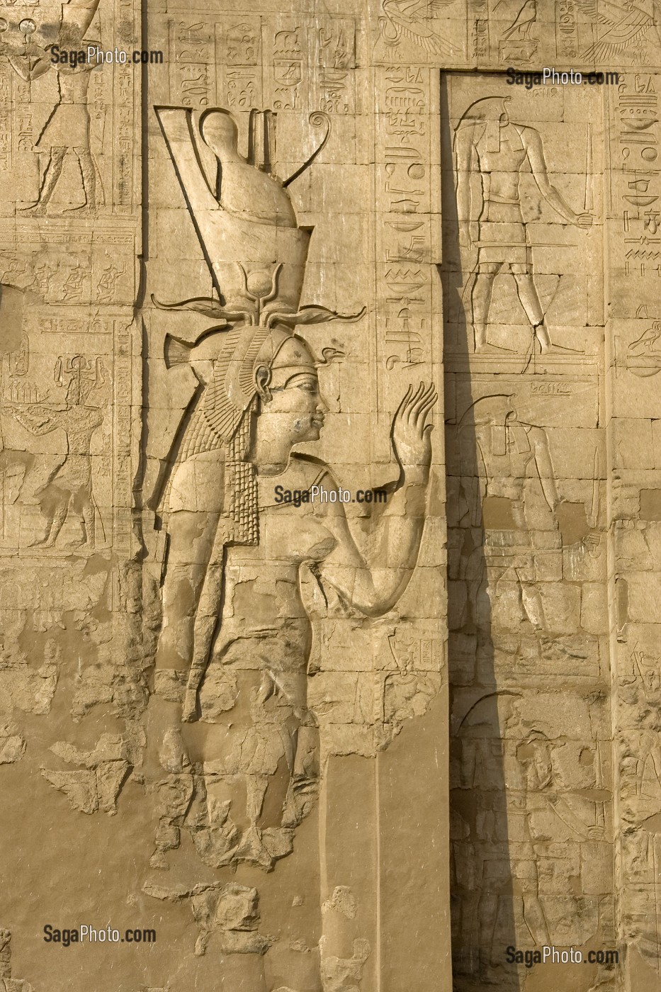 DEESSE HATHOR, TEMPLE D'EDFOU, CE TEMPLE EST LE MIEUX CONSERVE DE TOUTE L’EGYPTE ANTIQUE, TEMPLE DEDIE AU DIEU FAUCON HORUS, LE TEMPLE FUT DEGAGE SOUS LA DIRECTION D’AUGUSTE MARIETTE A PARTIR DE 1859, EDFOU, EGYPTE, AFRIQUE 