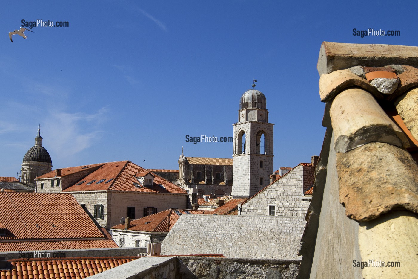 TOITS EN TUILES ROUGES ET TOUR DE L'HORLOGE, DEPUIS LE CHEMIN DE RONDE, VIEILLE VILLE DE DUBROVNIK, DALMATIE, CROATIE, EUROPE 