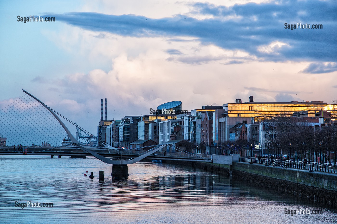 QUARTIER DES DOCKS AVEC LE PONT EN FORME DE LYRE SUR LA RIVIERE LIFFEY, SAMUEL BECKETT BRIDGE, CITY QUAY, DUBLIN, IRLANDE 