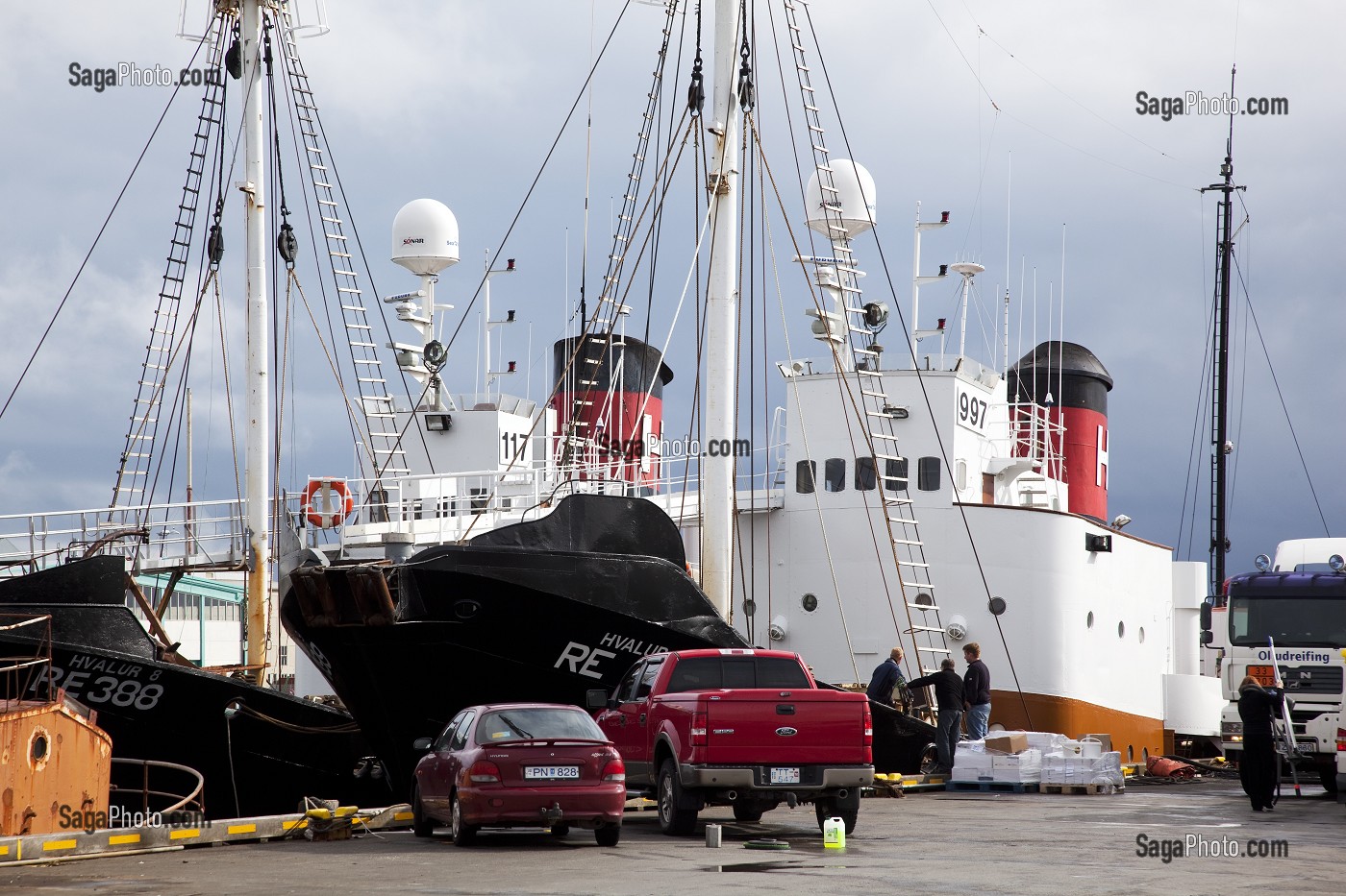 CHASSE A LA BALEINE, NAVIRES BALEINIERS DE KRISTJAN LOFTSSON DANS LE PORT DE REYKJAVIK, ISLANDE, EUROPE 