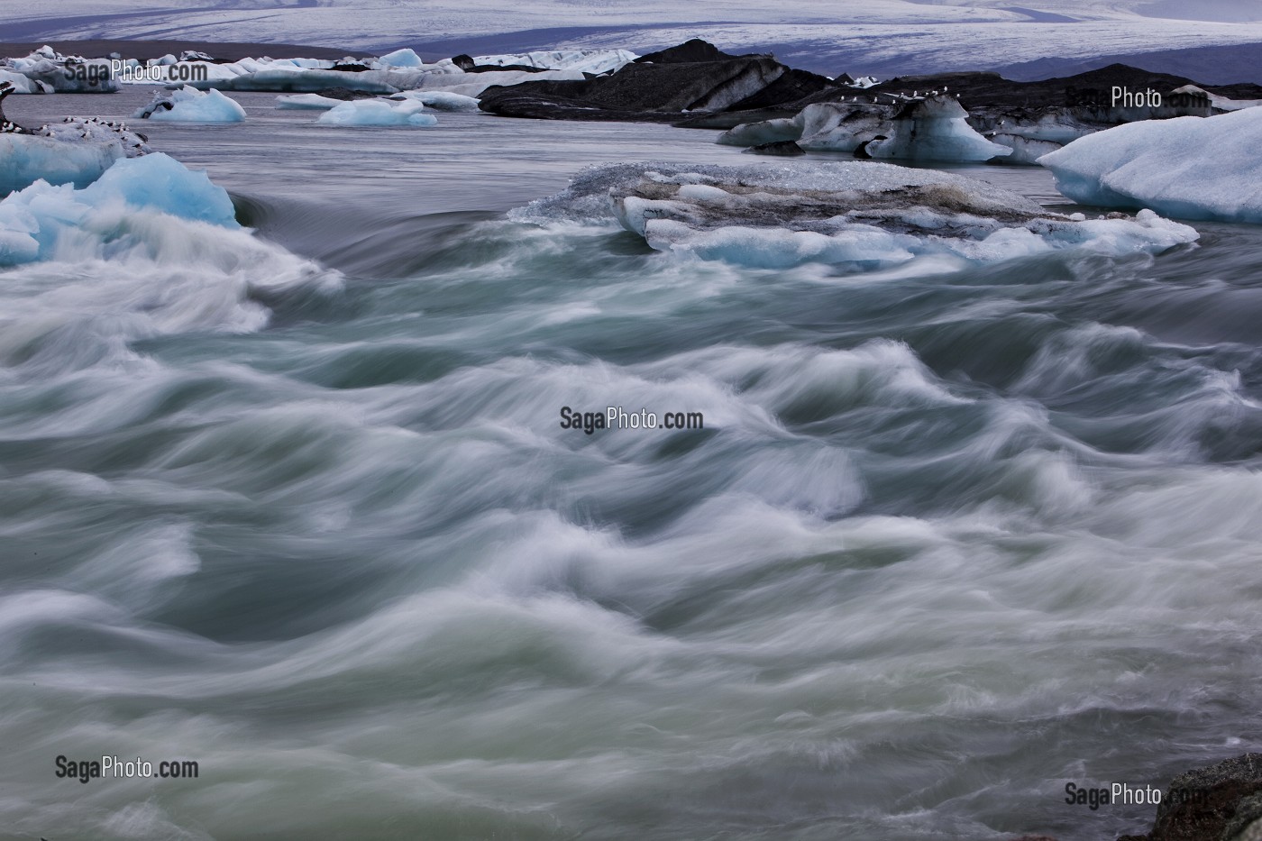 LANGUE GLACIAIRE, ICEBERGS DU LAC JOKULSARLON, PROLONGEMENT DU GLACIER VATNAJOKULL OU GLACIER DES EAUX, LA PLUS GRANDE CALOTTE GLACIAIRE D'ISLANDE, VOIRE D'EUROPE 