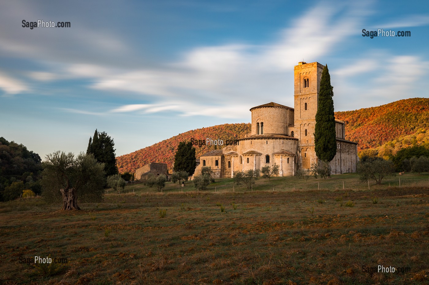 LEVER DE SOLEIL SUR L'ABBAYE DE SANT'ANTIMO AVEC SES COULEURS D'AUTOMNE, MONTALCINO, TOSCANE, ITALIE 